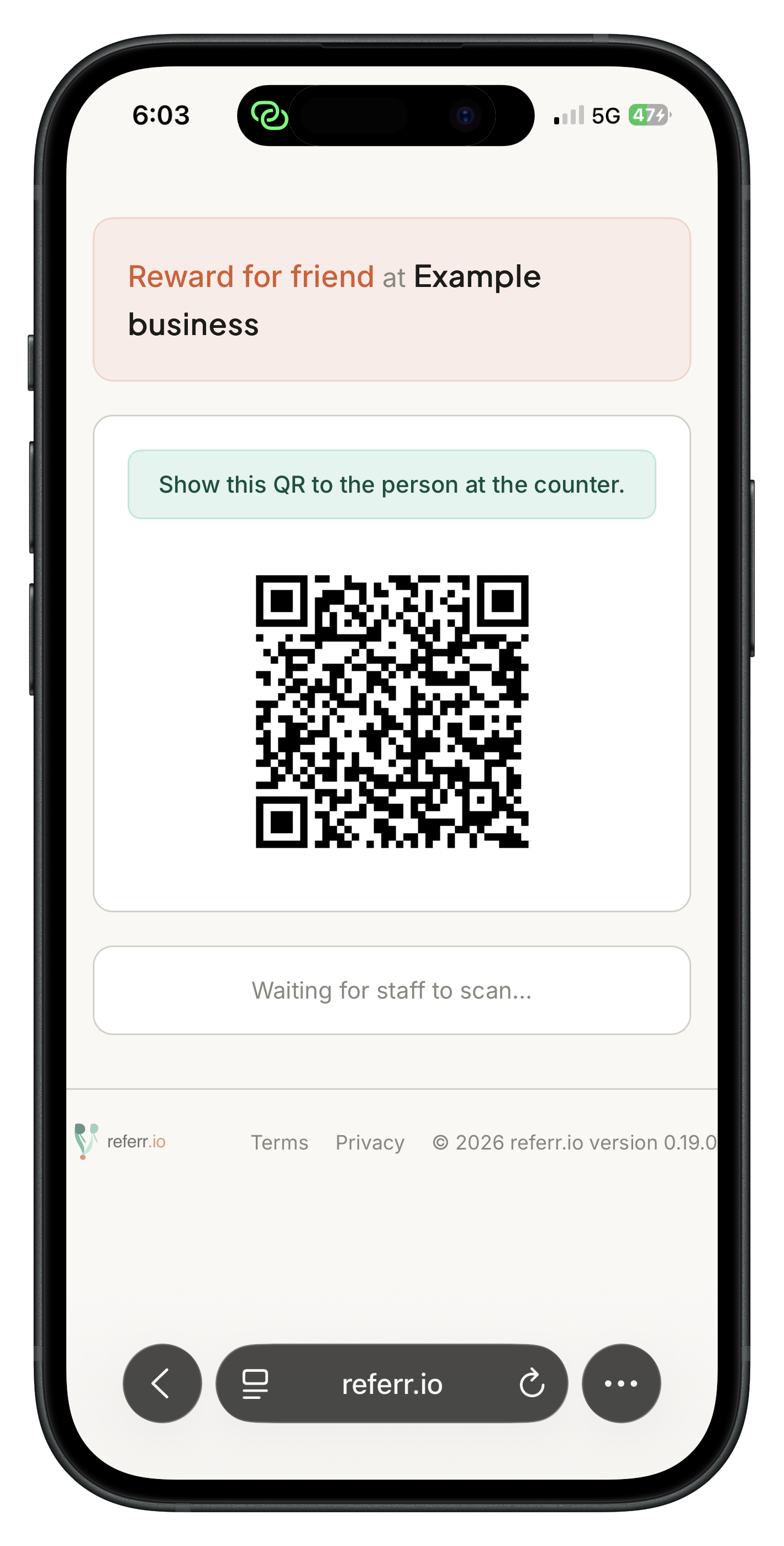 Friend page showing their QR code to present at the counter