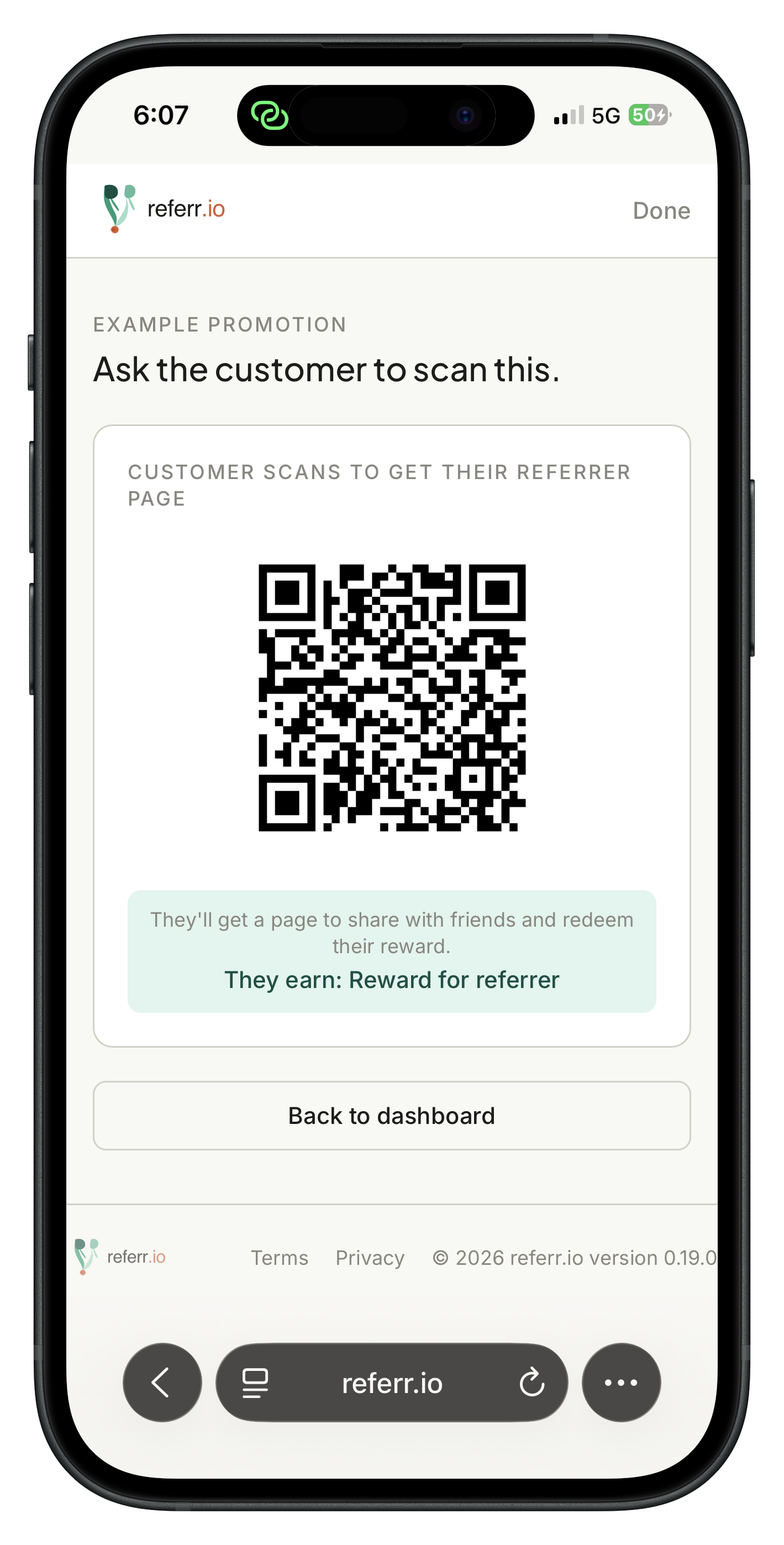 Staff handoff screen showing QR code for customer to scan