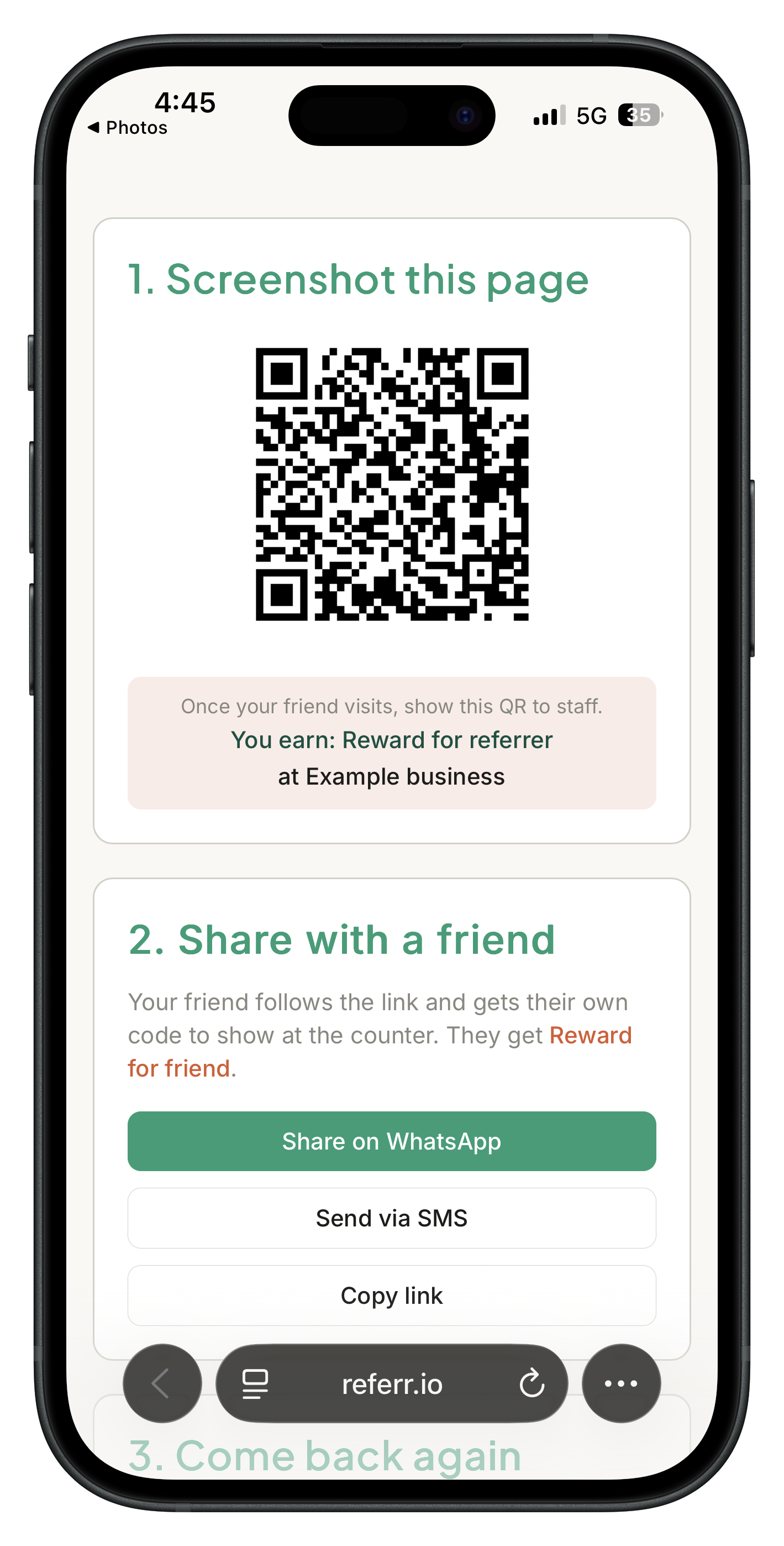 Customer referrer page with their private QR and share link